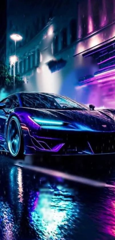Sleek sports car under neon lights on a rainy city street.