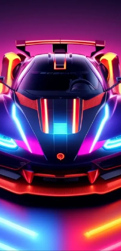 A neon sports car with vibrant LED lights and a futuristic look.