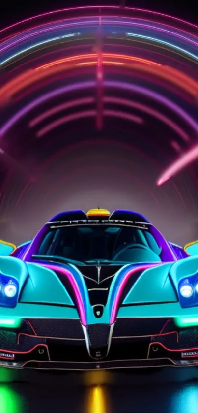 Vibrant neon sports car under colorful lights, perfect for mobile wallpaper.