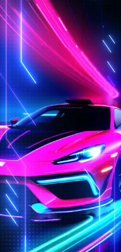 Neon sports car with vibrant pink and blue lights against a dark background.