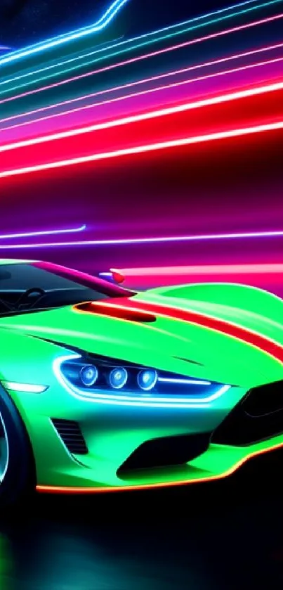 Neon sports car speeding in vibrant colors.