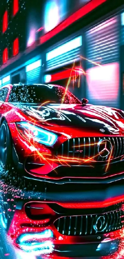 Vibrant neon sports car with reflections on a wet street at night.