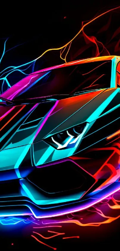 Neon sports car with colorful flames on a black background.
