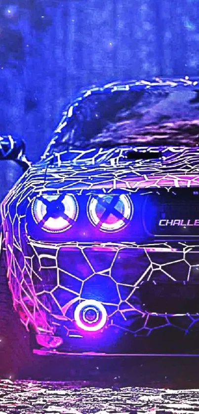 Neon sports car with glowing blue and pink lights in digital art style.