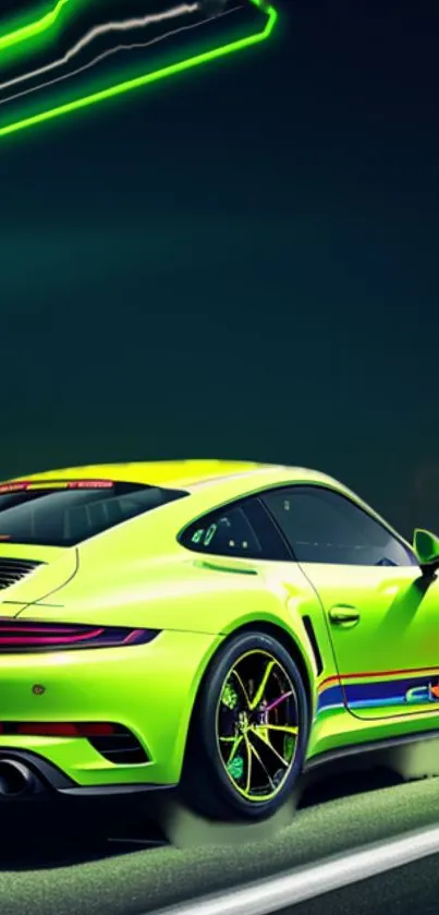 Neon green sports car on a dark street.