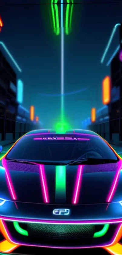 Futuristic sports car in neon lights wallpaper.