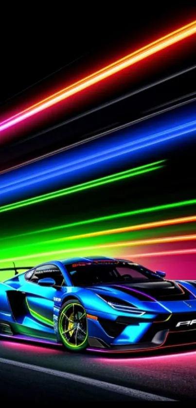 Bright neon sports car with colorful racing lines on dark background.