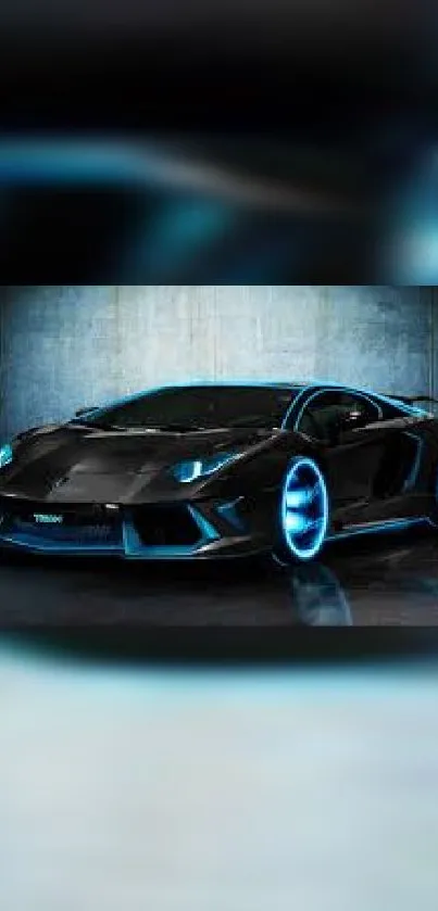 Black sports car with neon blue accents on a dark background.