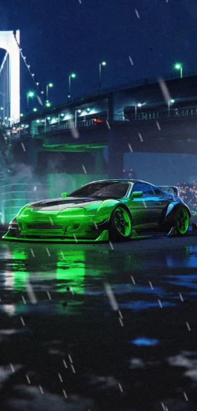 Neon green sports car under city lights at night.