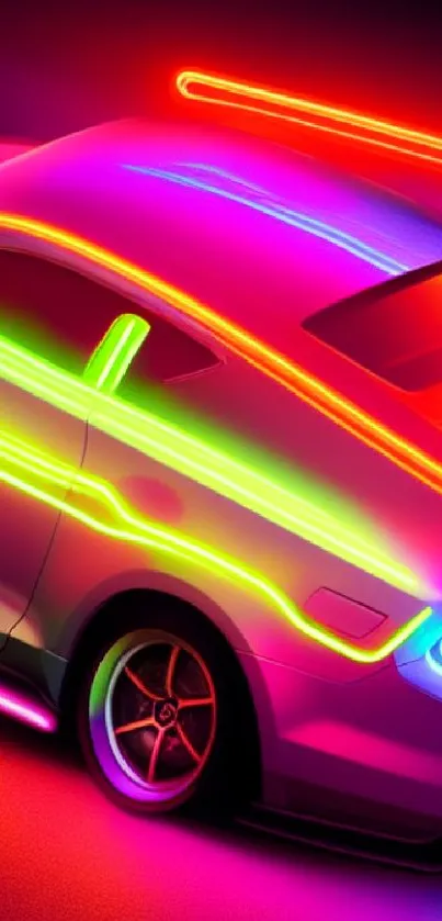 Neon sports car with glowing lights and vibrant colors on a dark background.