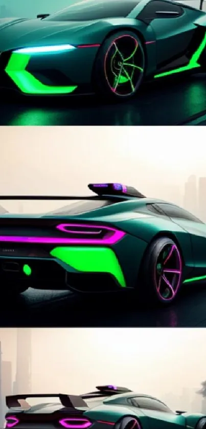 Neon sports car with futuristic style and vibrant colors in a city setting.