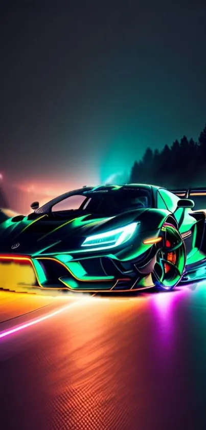 Neon sports car with glowing lights against a dark night background.