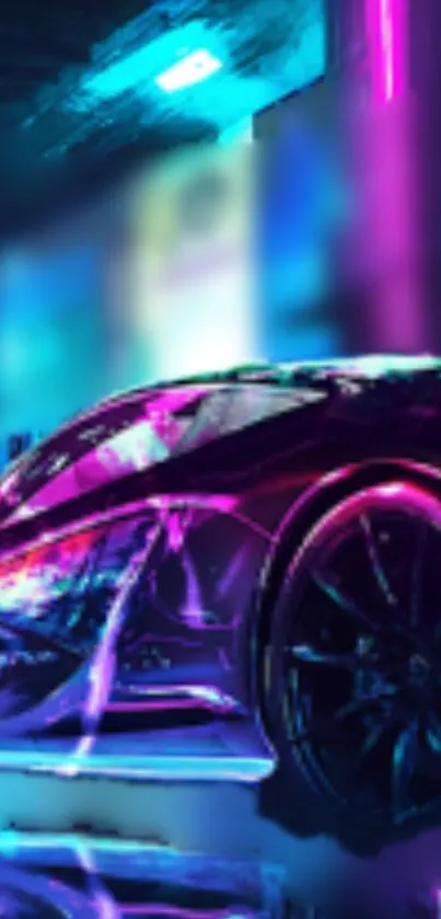 Vibrant neon sports car with purple hues and electric highlights.