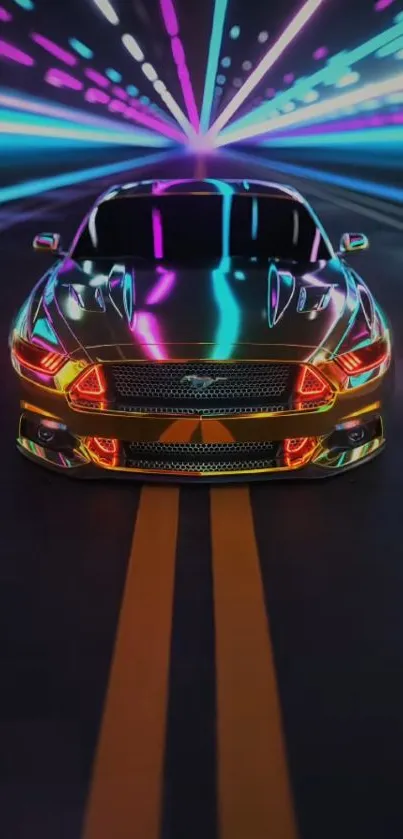 A sleek neon sports car on a vibrant, glowing highway at night.