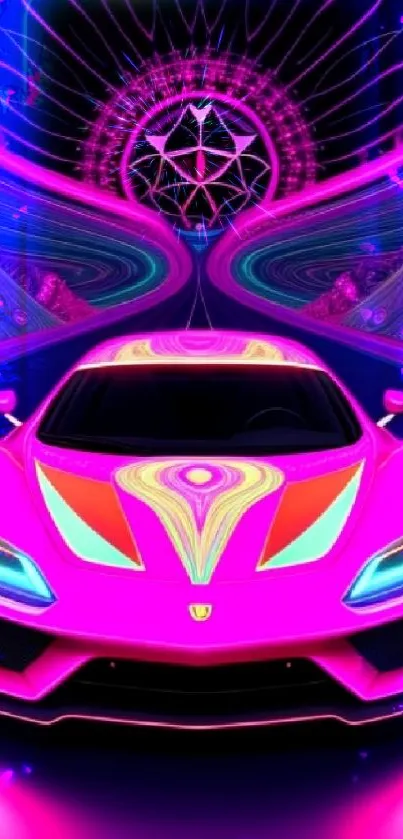 Neon pink sports car with psychedelic design on a futuristic background.