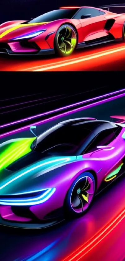 Vibrant neon sports cars on a futuristic track.