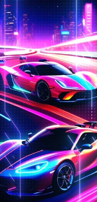 Neon sports cars racing in a cityscape with vibrant lights.