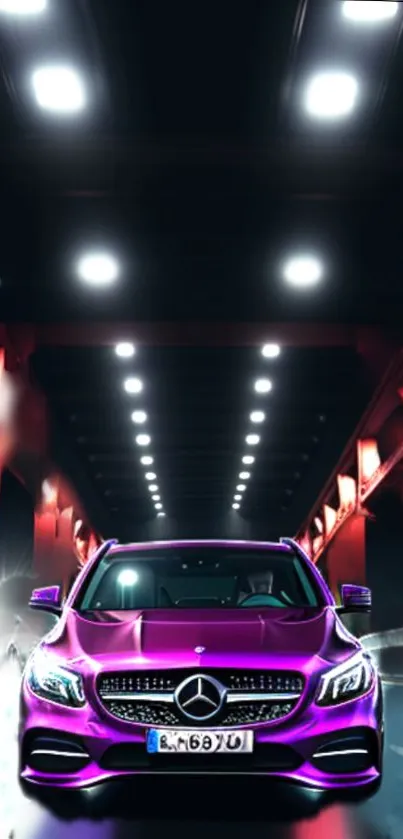 Neon purple sportscar under glowing urban lights.