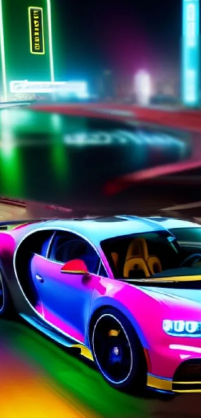 Neon sportscar with vibrant colors driving at night.