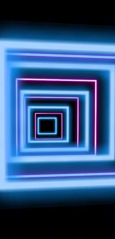 Neon blue and pink square tunnel mobile wallpaper with futuristic design.