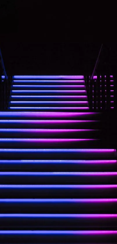 Vibrant neon staircase with purple and blue lighting.