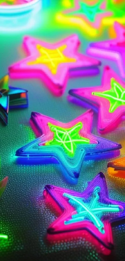 Vibrant neon stars on a colorful lighted background.