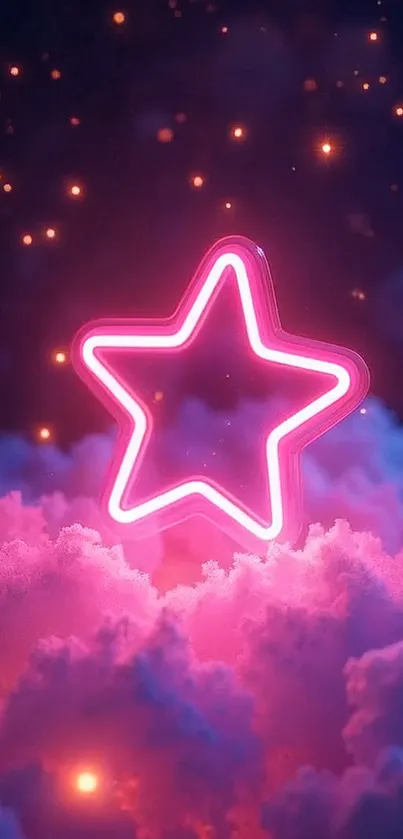 Neon star glowing above colorful clouds.