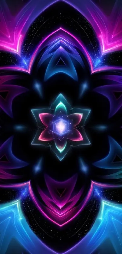 Neon star mandala in vibrant pink, blue, and purple shades.