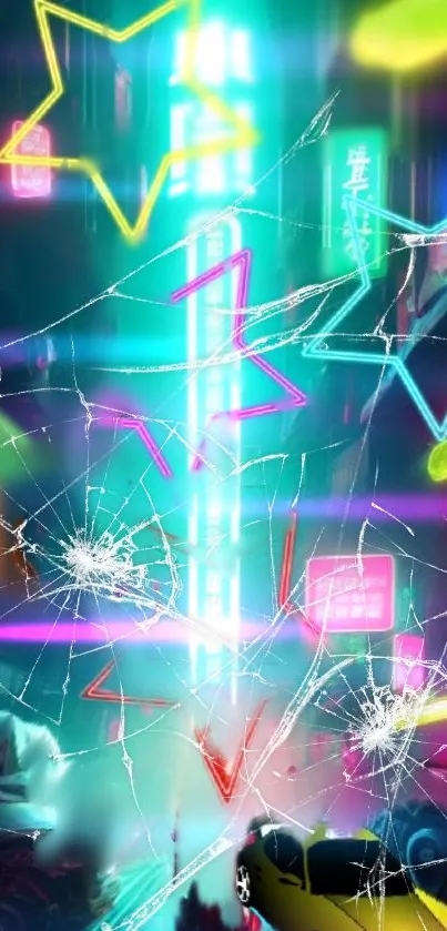 Neon cityscape with stars and a cracked screen effect, vibrant and futuristic.