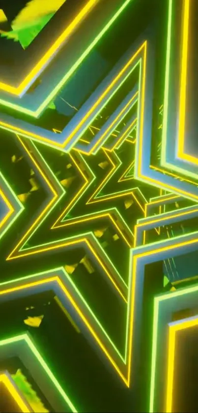 Neon starburst geometric design with yellow and green hues.
