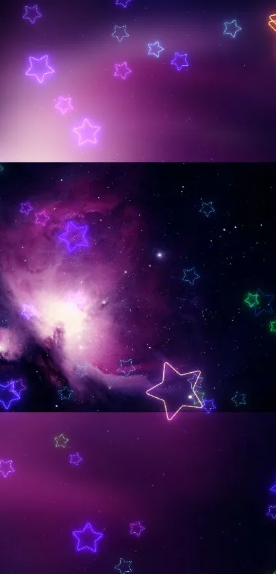 Neon stars and galaxy wallpaper with vivid purple hues.