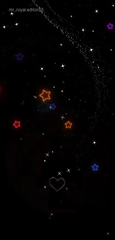 Colorful neon stars on a black sky background.