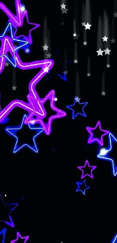 Neon pink and blue stars on a black background phone wallpaper.