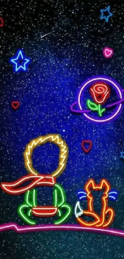 Vibrant neon mobile wallpaper with starry sky and whimsical design.