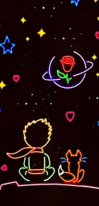 Neon wallpaper with stars, hearts, and a cosmic rose.