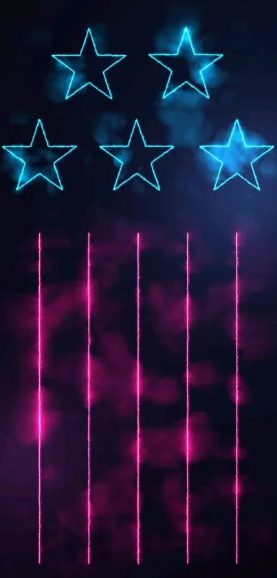 Neon wallpaper with blue stars and vertical pink lines.