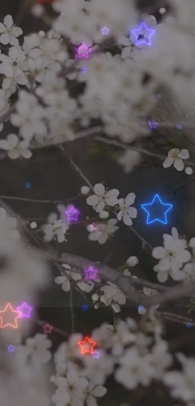 Mobile wallpaper with neon stars and white blossoms.