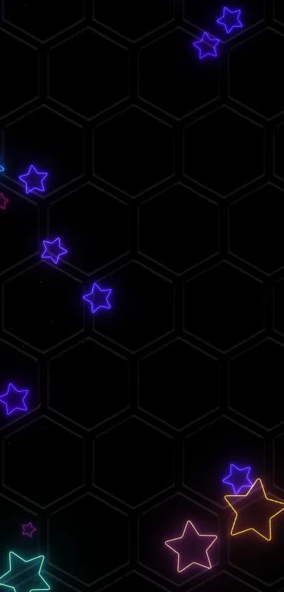 Vibrant neon stars on black hexagon pattern background wallpaper.