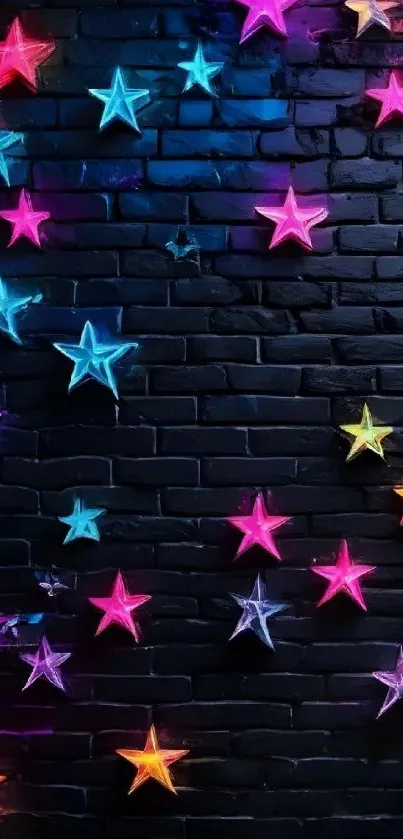 Neon stars on a textured black brick wall.