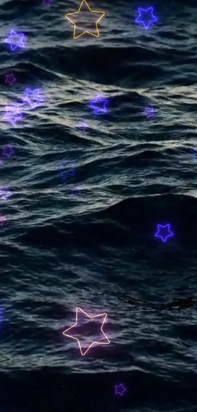 Neon stars floating over dark ocean waves with a night aesthetic.