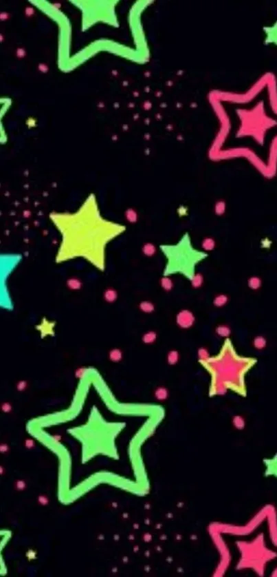 Neon stars pattern on black background wallpaper.