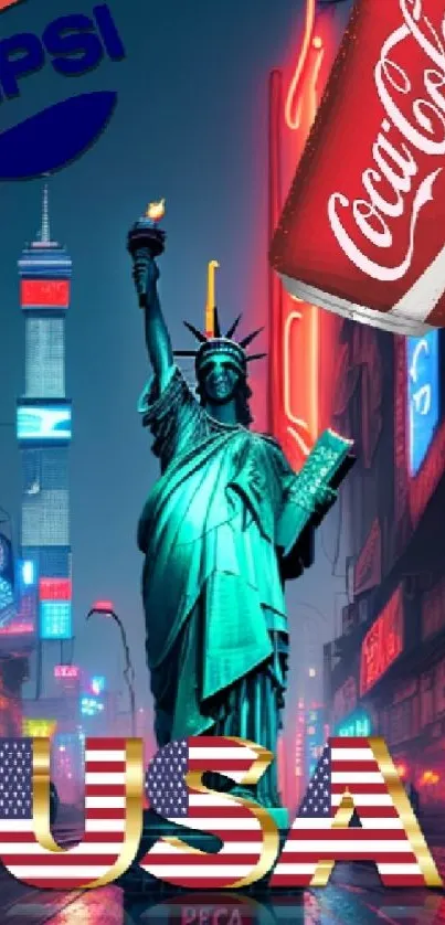 Neon-lit Statue of Liberty with USA text.