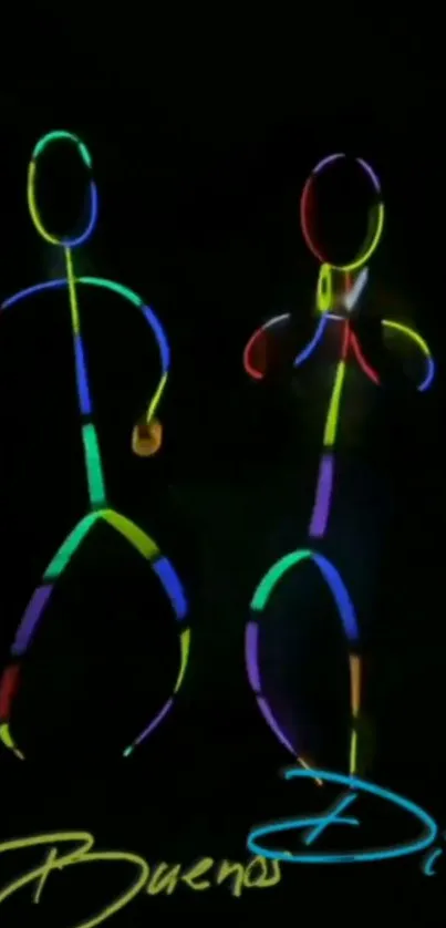 Neon stick figures glowing in the dark with colorful accents.