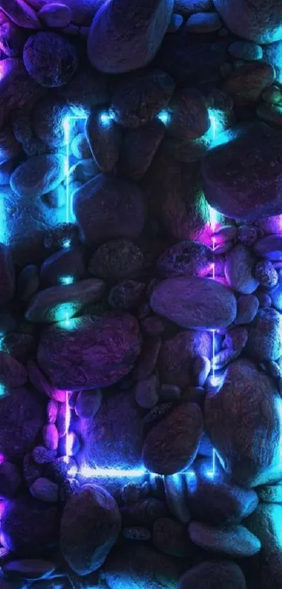 Neon lit stones glowing in vibrant purple and blue hues.