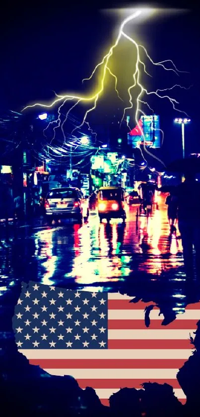 Neon cityscape with lightning and USA map.