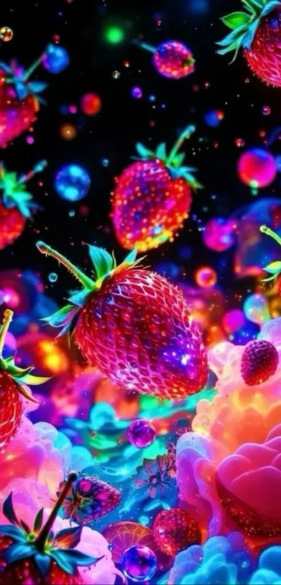 Vibrant neon strawberries in a surreal digital art design.