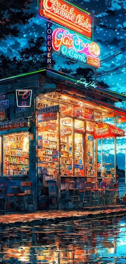 Neon-lit street scene with anime art style.