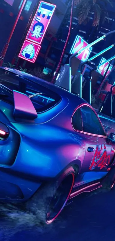 Neon-themed street racing car in vibrant cityscape wallpaper.