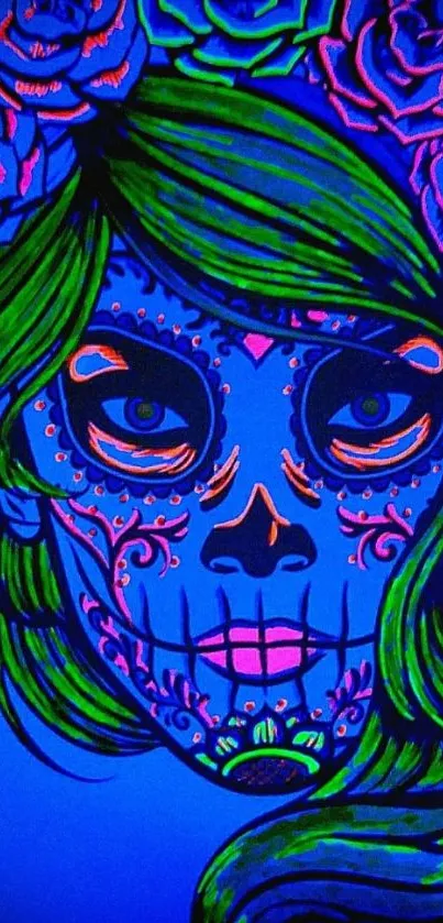 Neon sugar skull with floral elements in vivid art style.