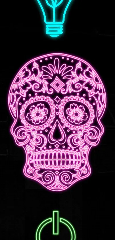 Neon sugar skull wallpaper with vibrant colors and artistic design.